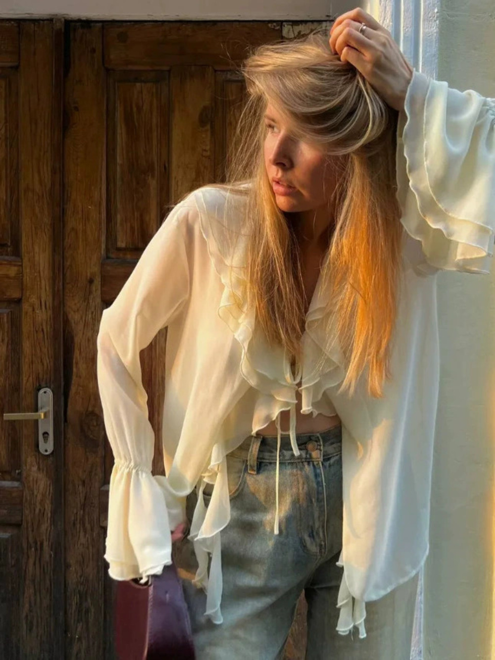 Zara Spring Ruffle Chiffon Blouse Bell Sleeve Cardigan Style